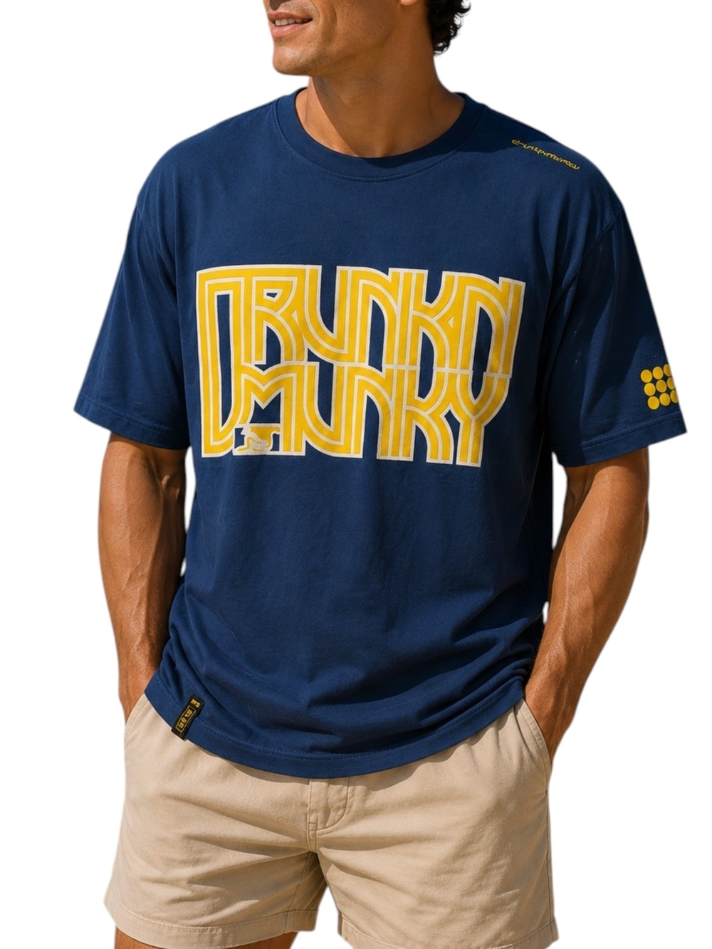 Drunknmunky Navy Short Sleeve Tee with Yellow 'Drunknmunky' Graphic